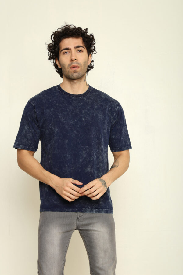 176661450176002302140.jpg Absqura Men Acid Wash Solid Oversized Navy Blue T-Shirt