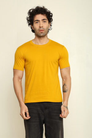 176665388730372301630.jpg Absqura Solid Men Mustard Yellow T-Shirt