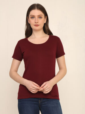 176666312381741Q1A3396.jpg Absqura Solid Women Maroon T-Shirt