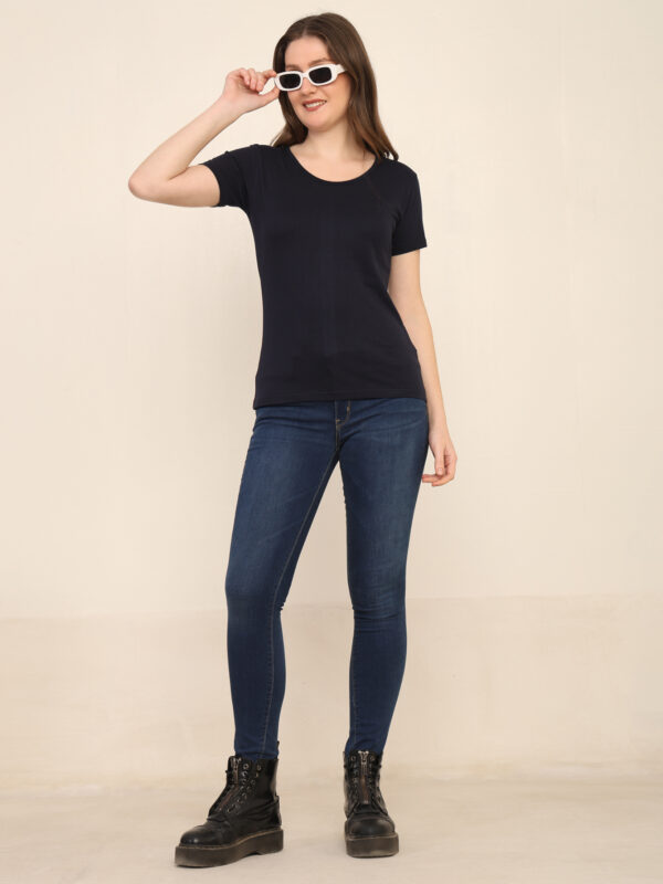 176666598057101Q1A3453.jpg Absqura Solid Women Navy Blue T-Shirt
